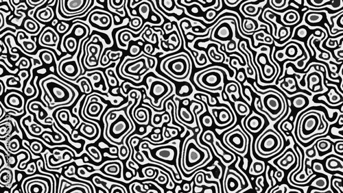 Black and white abstract pattern with swirling shapes and organic forms on a textured background surface.