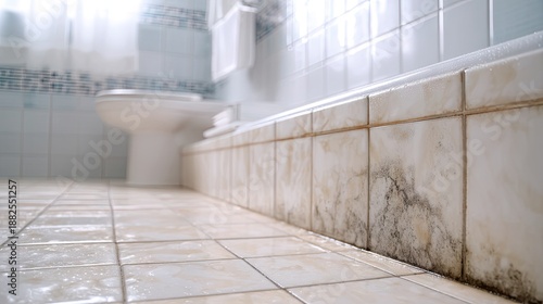 Close-Up of Wet Bathroom Floor with Moldy Grout and Steam, Light-Filtered Interior View