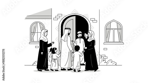 Muslim family visiting relatives during Eid Mubarak celebration.