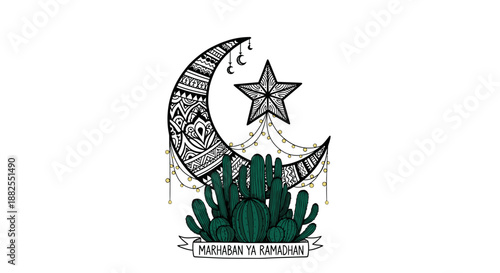 Patterned crescent moon and star with string lights, above green cacti, and 'Marhaban Ya Ramadhan' greeting banner.