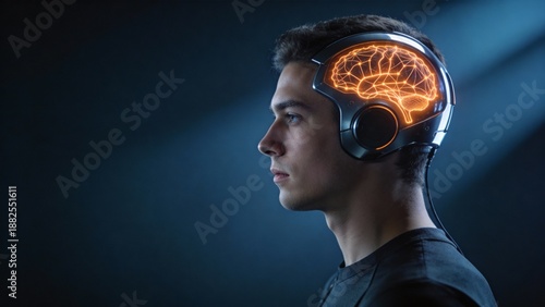 Young man with glowing brain headset