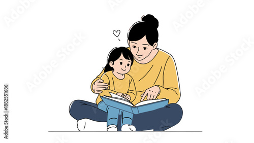 Mother and daughter reading a book together illustration.