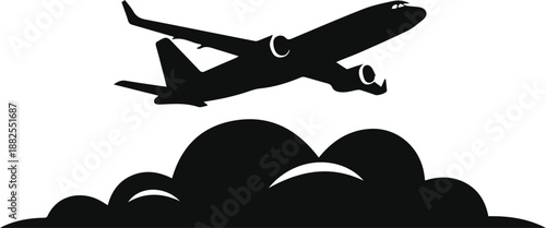 Minimalist black airplane flying over a cloud silhouette vector icon