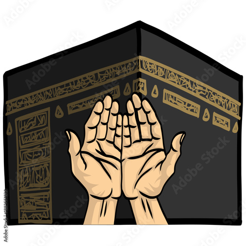 Hands Praying with Kaaba Background Illustration