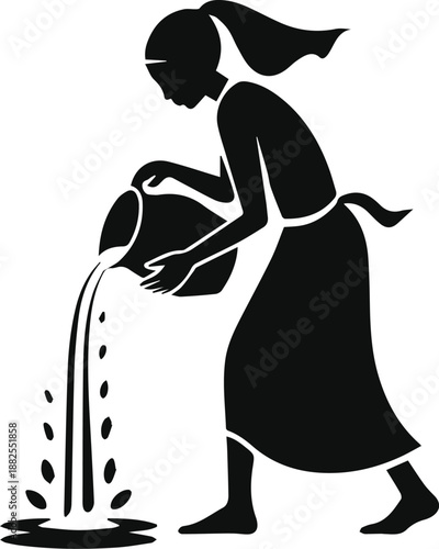 Minimalist black Aquarius water bearer pouring water from jar silhouette vector icon