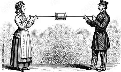 Vintage Engraving Style Black And White Illustration Of A Victorian Woman And Uniformed Officer Communicating Using A Tin Can Telephone For Retro Technology Design