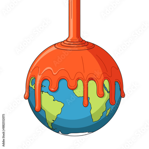 Melting Earth globe covered in orange glaze, climate change concept, illustration