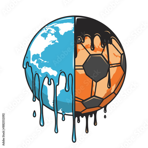 Half Earth, Half Soccer Ball Melting: Climate Change Concept