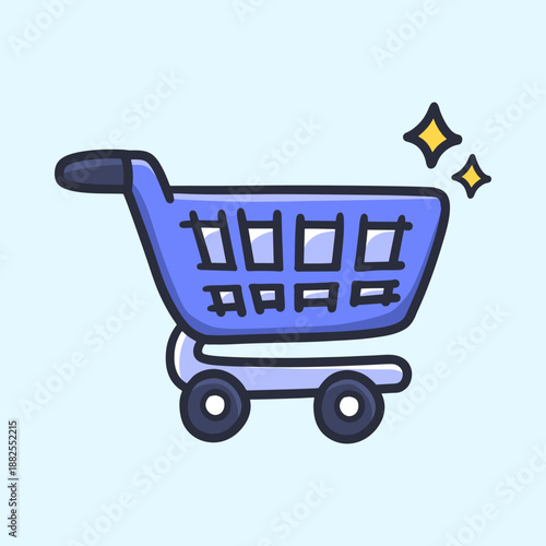Blue Shopping Cart Illustration for Icon, sticker and other uses, hand drawn vector style.