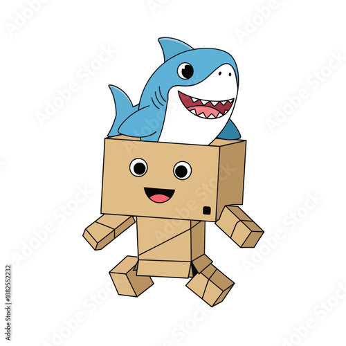 Cute cartoon shark peeking out of a cardboard box robot with a happy face