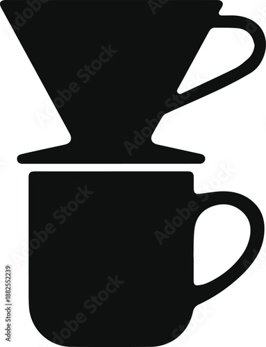 Minimalist black pour-over coffee dripper V60 on mug silhouette vector icon