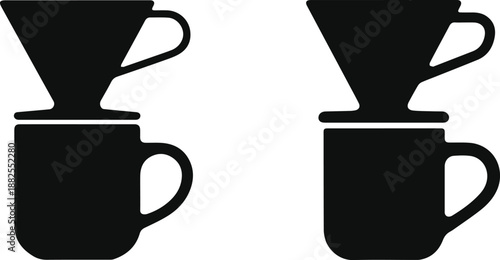 Minimalist black pour-over coffee dripper V60 on mug silhouette vector icon