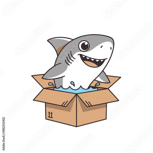 Cute cartoon shark emerging from a cardboard box, surprising, playful, white background