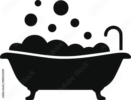 Minimalist black bathtub with bubbles and faucet silhouette vector icon