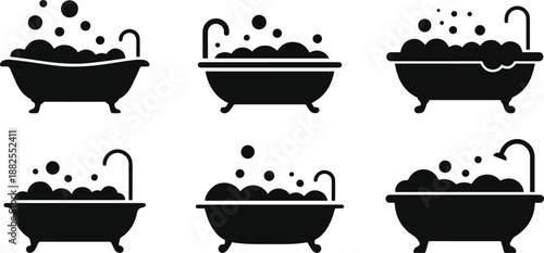Set of Minimalist black bathtub with bubbles and faucet silhouette vector icon