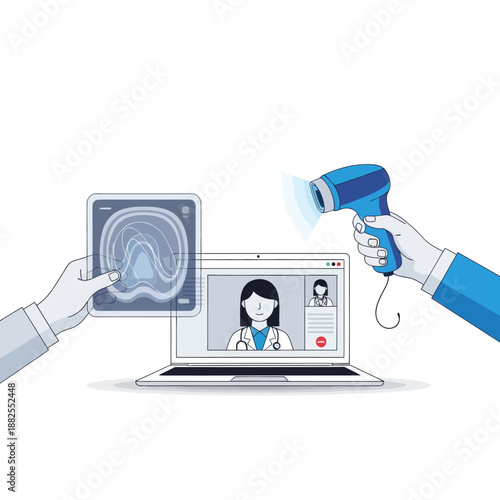 Telemedicine Consultation: Doctor Using Thermometer on Laptop Screen with X-ray