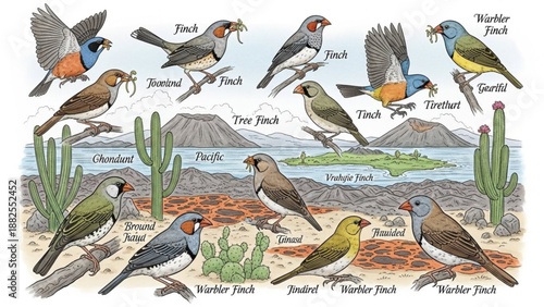 Variety of finches and birds in desert landscape with cacti