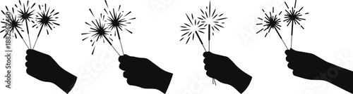 Minimalist black hand holding lit sparklers celebration silhouette vector icon