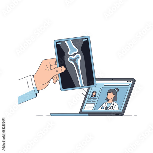 Doctor shows x-ray of knee joint to patient via video call