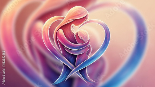Mother and child in a colorful heart shaped embrace