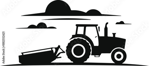 Minimalist black farm tractor in a field silhouette vector icon