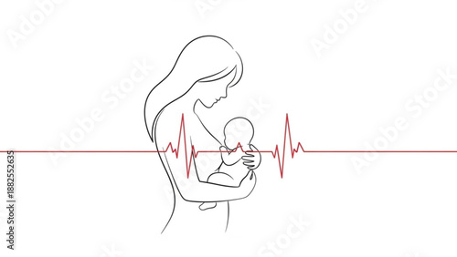 Mother holding baby with heartbeat line symbolizing love and life