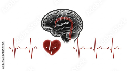 Brain with heart rate line and red heart symbol on white