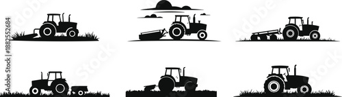 Set of Minimalist black farm tractor in a field silhouette vector icon