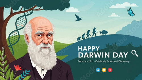 Charles darwin portrait with evolutionary biology symbols landscape