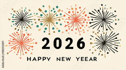 濃い黒の線花火とアクセントドットで彩り、色分けした2026を主役にした新年グラフィック