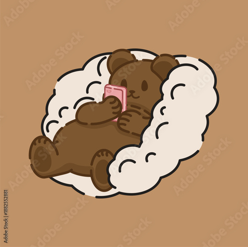 Illustration of a bear relaxing while looking at his cellphone a bear lying down