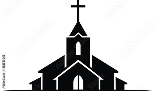 Easter sunday church service icon black silhouette of a christian church building with cross on steeple