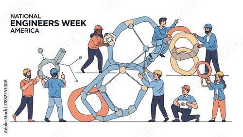 Illustration of engineers working on a large building project in America for National Engineers Week.