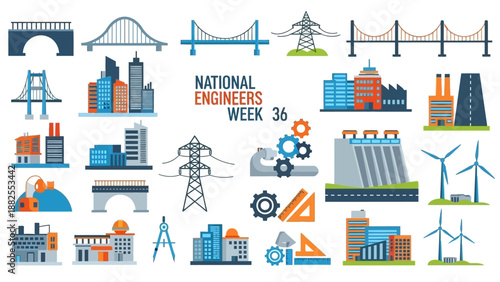 Illustrations of various engineering and industrial icons for National Engineers Week in America, featuring a worker and building project elements.