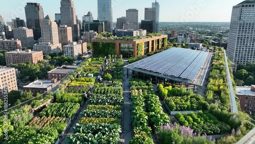 Wallpaper Mural Aerial view of a modern building with a green roof garden and solar panels in a city. Torontodigital.ca