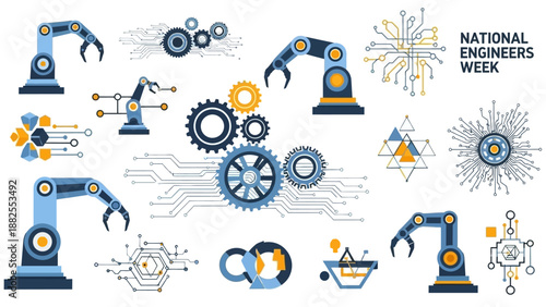 Illustrations of industrial and mechanical elements celebrating National Engineers Week in America with a worker theme.