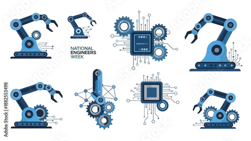 Collection of blue robotic arms and mechanical components with gears and circuits on a white background celebrating National Engineers Week in America.