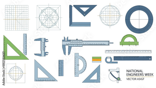 Collection of engineering tools and geometric shapes for National Engineers Week in America with a worker's building project sketch.
