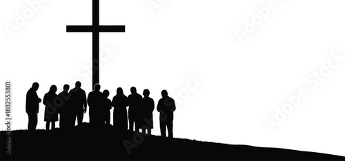 Easter sunday celebration with cross and devotees on hilltop