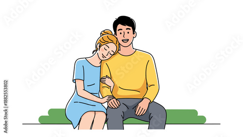 Young happy couple sitting together on a bench, woman leaning on man's shoulder.