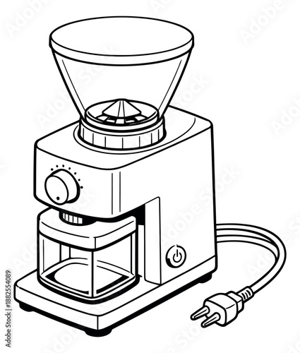 Hand drawn line art illustration of an electric coffee grinder depicting fresh coffee preparation for a home kitchen