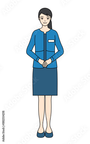 Full body illustration of a smiling receptionist woman in blue uniform