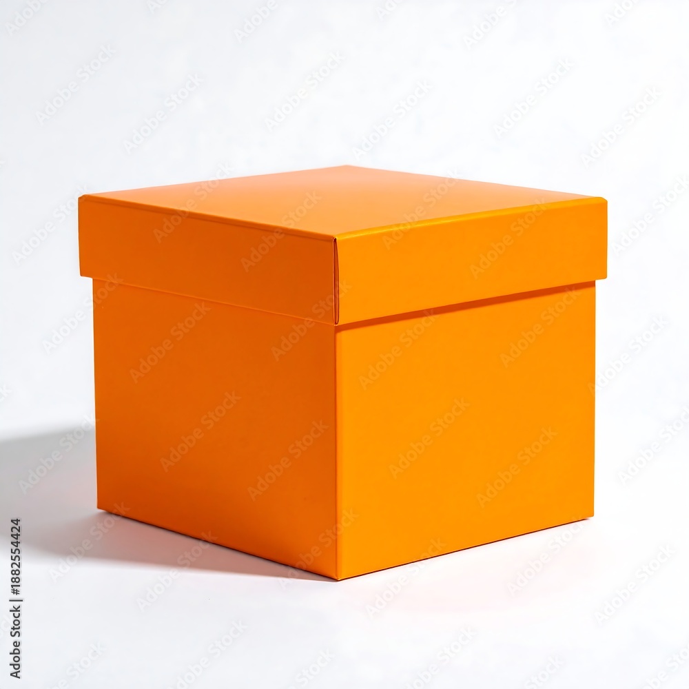 Fototapeta premium A square orange box with a lid sits centered on a bright white background, casting a soft shadow, highlighting its structure