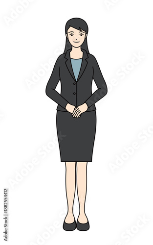 Full body illustration of a polite businesswoman in black suit