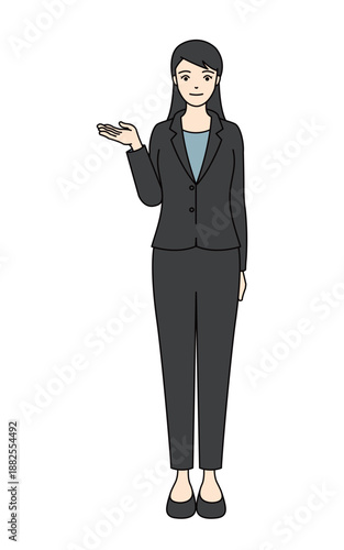 Business woman in black suit with presentation hand gesture