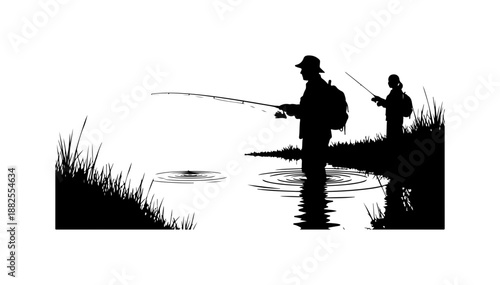 Silhouette of Fishermen by the Lake