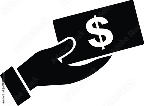 Hand holding dollar coin icon, Hand holding dollar bill monochrome vector illustration