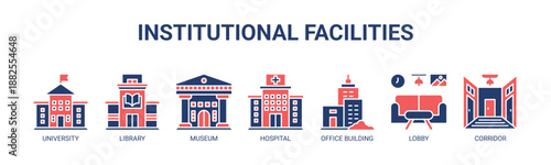 Institutional Facilities web banner icon vector illustration concept for public service buildings with icons of university, library, museum, hospital, office building, lobby, corridor.