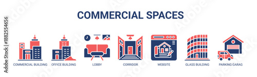 Commercial Spaces web banner icon vector illustration concept with icons of commercial building, office building, lobby, corridor, website, glass building, parking garage.