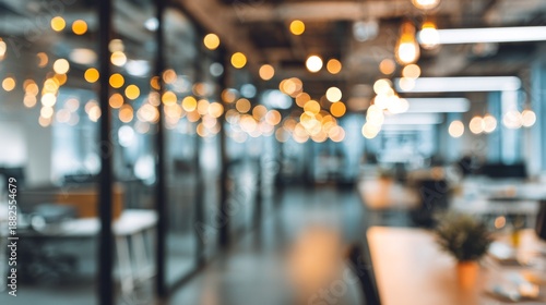 Blurred Modern Office Lights with Bokeh Background, Ambiance, and Workplace Atmosphere.